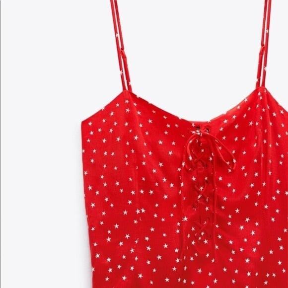 New Zara Red Lace Up Satin Effect Star Print Bodysuit Women's - Picture 4 of 11